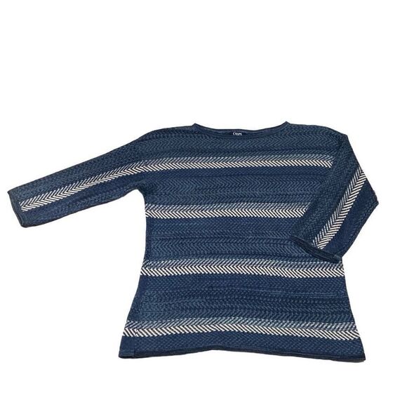 Chaps Blue Turquoise White Striped 3/4 Sleeve Knit Sweater Woman Size XL EUC - Picture 1 of 12
